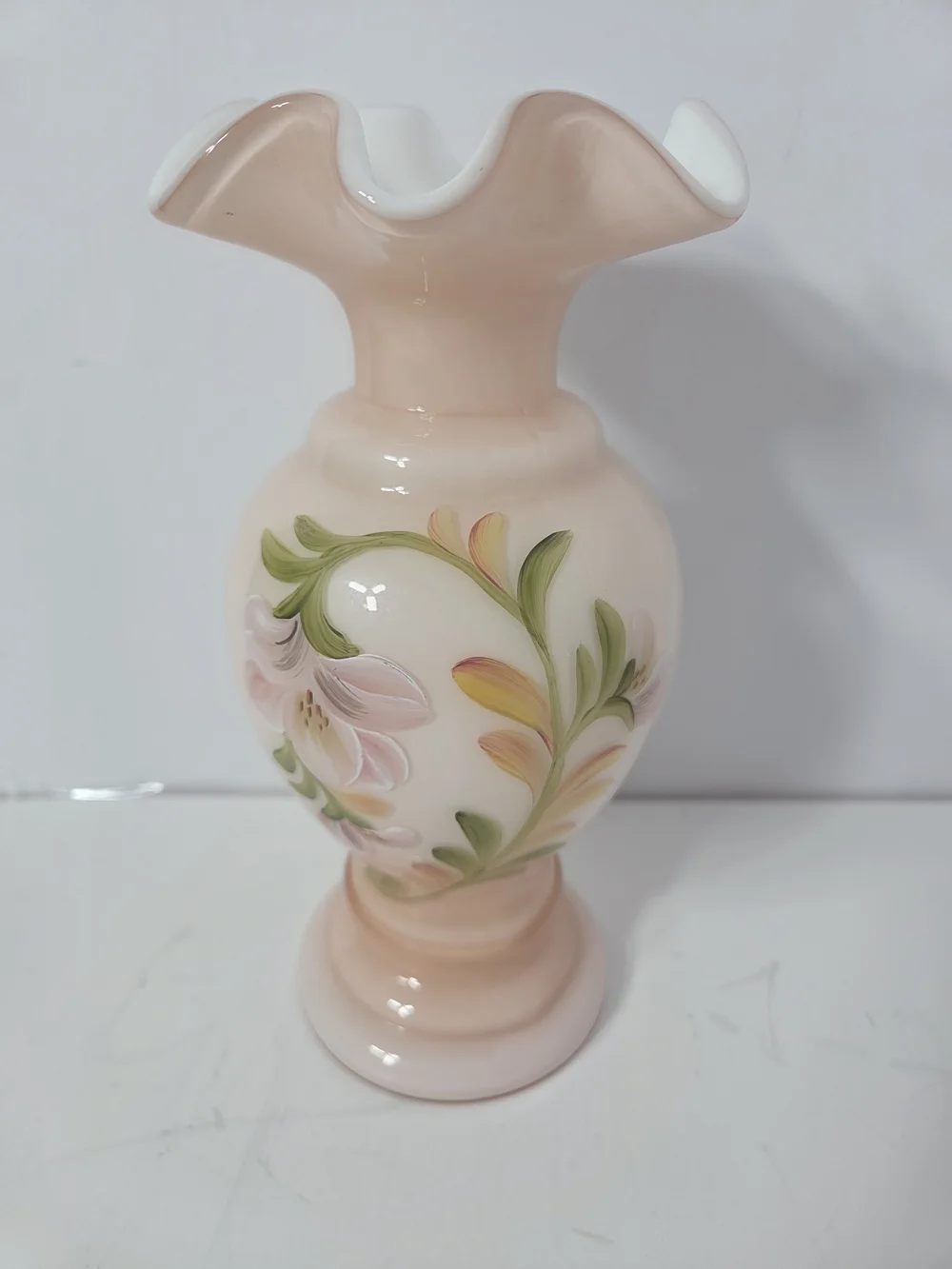 fenton HandPainted signed Peach Floral Glass Vase incased pink flower shaby chic